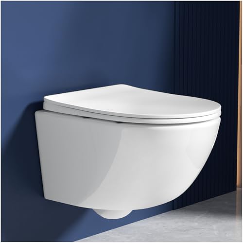 Rainsworth Wand WC Spülrandlos - Hänge Toilette Kraftvolle Spülung, mit effizienter Spültechnik, Kloschüssel inklusive WC-Sitz mit Absenkautomatik und Schnellspanner, Weiß, 48,5 cm