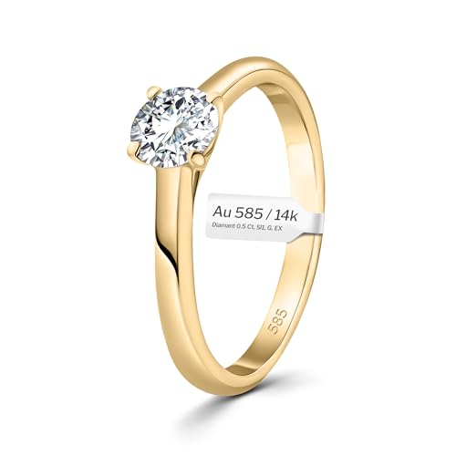 EDELIND Verlobungsring 585 Gelbgold GIA Zertifiziert 0,50 Ct Solitär Diamantring Ø 49 mm Goldring für Damen mit Diamanten Brillanten mit Schmuck Geschenkbox