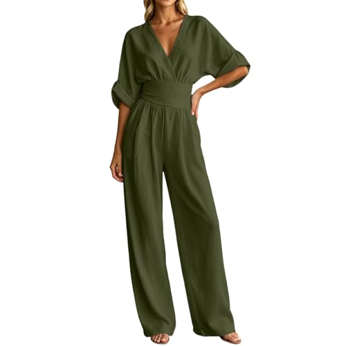 SKFLABOOF jumpsuit damen sommer, elegant für hochzeit, Overall Mit Ärmel Festlich Lang Tailliert Hosenanzug Weites Bein V Ausschnitt Halbarm Sommer Playsuit mit Tasche 001 Grün, M