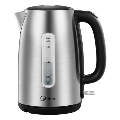 Midea Wasserkocher Edelstahl 1.7L, BPA-freier Wasserkocher, 2200W Schnellkochfunktion, Kettle mit Wasserstandsanzeige, LED-Leuchtanzeige, 360°-Basis, Trockenlaufschutz, MKE17M1ADS