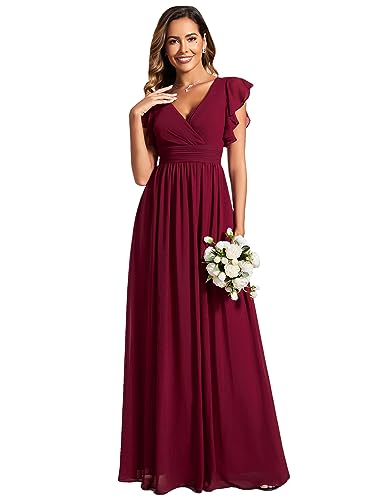 Ever-Pretty Abendkleid Lang Elegant für Hochzeit V-Ausschnitt A-Linie Ballkleider Damen Neckholder Brautjungferkleider Chiffon Burgund 36
