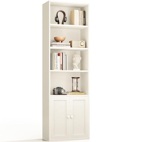 Coleshome Bücherregal mit Türen Regal mit 6 Ebenen, Bücherschrank 48 x 24 x 176.4 cm Schrank, Standregal zur Aufbewahrung und Präsentation für Wohnzimmer, Homeoffice, Büro, Schlafzimmer, Weiß