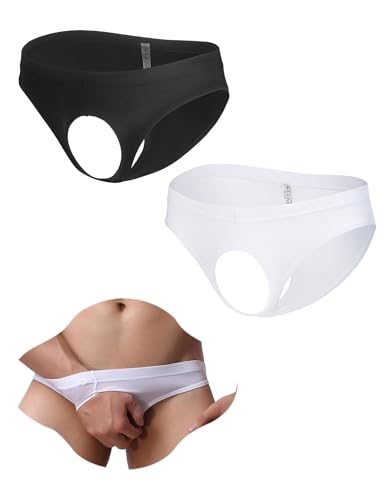 ohyeahlady 2er Pack String Tanga Männer mit Loch Sexy Eisseide Slip Sissy Dessous Große Größen Herren Reizwäsche Lustige Unterhosen Vorne Offen Borat Anzug Ouvert Höschen Gay Underwear Schwarz+Weiß XL