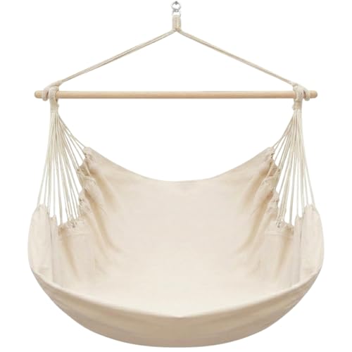 AMANKA XXL Hängesessel Beige 185x130 cm belastbar bis 150kg – Hängestuhl ideal zum Lesen & Entspannen – Hängesitz aus Baumwolle für Drinnen und Draussen ohne Gestell- Schwebesessel für 2