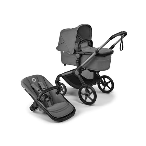 Bugaboo Fox 5 Renew, 2-in-1 Kinderwagen für jedes Gelände, mit Liegewanne und ausziehbarem Kleinkindsitz, praktische Ein-Hand Faltung, Fahrgestell in Graphit und Sonnendach in Moon Grey