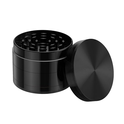 Bäcker & Lecker Grinder groß 75 mm Crusher Kräutermühle für getrocknete Kräuter Spice Gewürze Herb aus Zinklegierung 4-teilig Set mit Pollen Scraper Schwarz