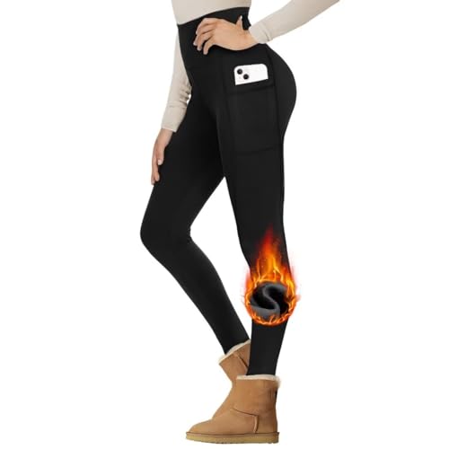 Gayhay Thermo Leggings Damen Winter Mit Taschen, Gefütterte Thermohose High Waist Hose Warm Blickdicht Strumpfhose Für Sport Schwarze S/M