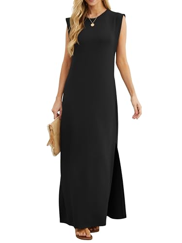GRECERELLE Damen Sommer Maxikleid lässig Hemdkleider Elegante Stile ärmellos Maxikleider für Damen mit Schlitz und Taschen (Schwarz, L)