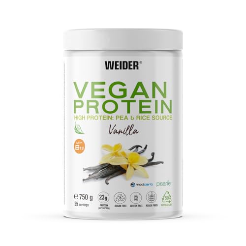 Weider Vegan Protein (750g) Vanille-Geschmack. 23g Protein/Dosis, Erbsenisolat (Pisane) & Reisproteine. Mit Vitamin B12 und Stevia. Glutenfrei, zuckerfrei. Verpackung 50% Recycelt, 100% Recycelbar
