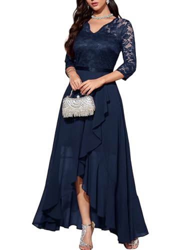 Bbonlinedress Abendkleider Langarm elegant Damen Spitze Chiffon V-Ausschnitt Brautjunferkleid Party Abschlusskleid festliches Ballkleid Navy M