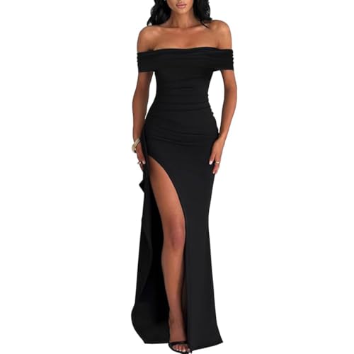 AOWVUTS Damen Ballkleider Lang Abendkleid mit Schlitz Schulterfrei Sexy Party Cocktailkleid Bodycon Maxikleid Lang Elegant Formal Kleid Sommerkleid Festliche Partykleid