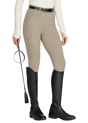 WILLIT Reitleggings Damen Reithose Silikon Vollbesatz High Waist Stretch Reithose mit Reißverschlusstasche Gürtelschlaufen Khaki M