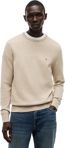 Tommy Hilfiger Herren Pullover Essential Cotton mit Rundhalsausschnitt, Beige (Batique Khaki Heather), L
