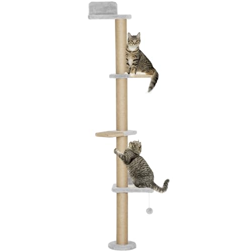 PawHut Kratzbaum 5 Etagen 180 cm Katzenturm wandmontierter Katzenbaum mit Kratzsäulen Spielball Sprungplatte für Katzen zum Klettern, Kratzen Hellgrau