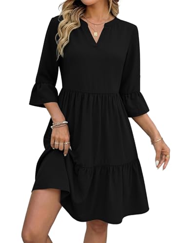 Zeagoo Damen Kleider Sommer V-Ausschnitt Halbarm Kleid Elegant A-Linie Strandkleid Casual Lose Gestuftes Kleider Schwarz M