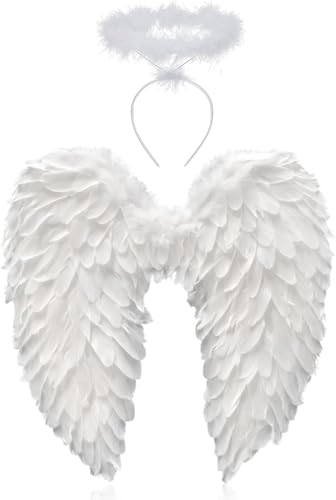45CM Engelsflügel Weiß mit Heiligenschein,Engel Flügel,Federflügel Engel,Engels Flügel Kostüm,Engel Flügel für Damen und Mädchen,Party Fasching Kostüme Deko,Kostümparty Verkleidung