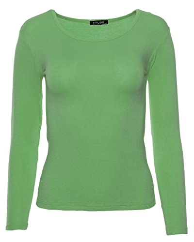Easy Young Fashion - Damen Basic Rundhals Shirt - Langarm Unterziehshirt - Skinny Fit 1093 - Lindgrün M