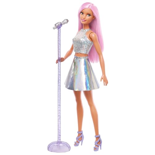 Barbie Pop-Star-Puppe gekleidet in einem schillernden Rock mit Mikrofon und rosafarbenem Haar, Geschenk für Kinder von 3 bis 7 Jahren, JCW42, Schillernd