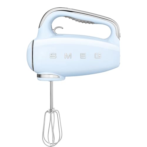 Smeg, HMF01PBEU Electric Mixer, 9 -Geschwindigkeitsniveaus, Turbofunktion, glattes Start -Start -up -System, 4 Peitschen, 2 Ganci -Mixer und umhüllt, 250W, Blau