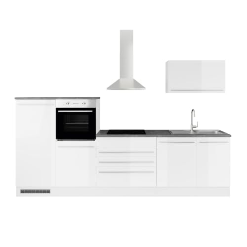 Stella Trading 4 Moderne Küchenzeile ohne Elektrogeräte in Weiß Hochglanz - Geräumige Einbauküche mit viel Platz und Stauraum - 320 x 200 x 60 cm (B/H/T)