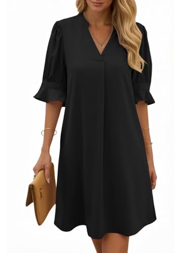 Cicy Bell Damen Sommerkleid Elegant Halbarm Hemdkleid V Ausschnitt Party Kleider Freizeitkleider Einfarbig Midikleid Casual A Linien Kurzes Kleid Schwaz L