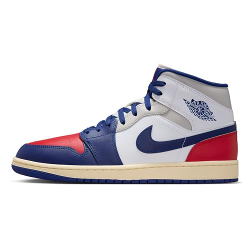 Air Jordan 1 Mid Herrenschuhe (White/University Red/Neutral Grey/Deep Royal Blue), Weiß/Universitätsrot/Neutralgrau/Tiefkönigsblau, 43 EU