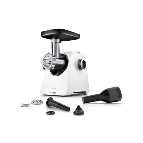 Bosch MultiPower Serie 6 Fleischwolf MFWS607W, 2 Lochscheiben (4,5 und 8 mm), Edelstahl, spülmaschinenfest, Kebbe- und Wurst-Aufsatz, Motorblockleistung 2.100 W, Weiß