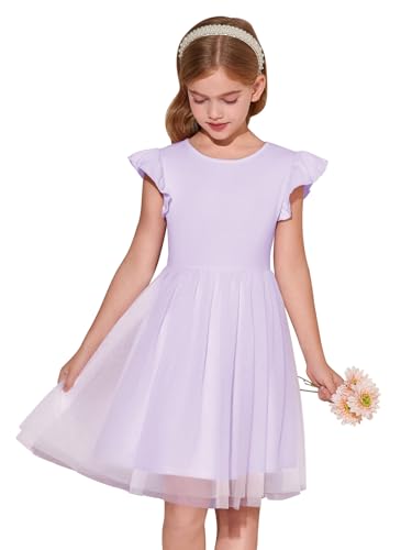 Haloumoning Mädchen Kleider Rüschenärmel Rundhals Einfarbig Sommerkleid A-Linie Prinzessin Tüll Kleid Festlich Geburtstag Hochzeit Party Freizeitkleid, Violett, 9-10 Jahre