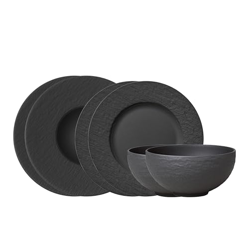 Villeroy & Boch – Manufacture Rock Starter-Set 6 teilig schwarz, Spülmaschinenfest, Mikrowellensicher, Geschirr Set Schwarz Matt, Tafelservice, Essgeschirr, Premium Porzellan