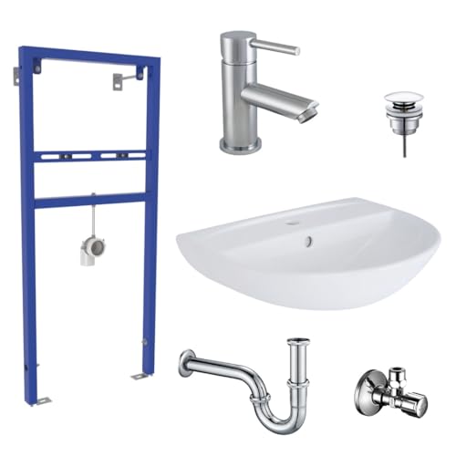 Belvit Waschbecken Komplettset 55 cm Keramik mit Armatur, Vorwandelement, Siphon, Pusher, und SCHELL Eckventil