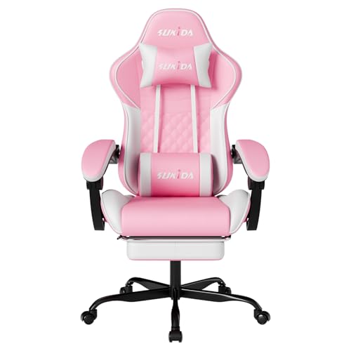 SUKIDA Gaming Stuhl, Ergonomischer Gaming-Stuhl mit Fußstütze, Racing Gamer Chair 90-135° Rückenlehne einstellbar, Computerstuhl Höhenverstellbar Lendenwirbelstütze, Pinkwhite