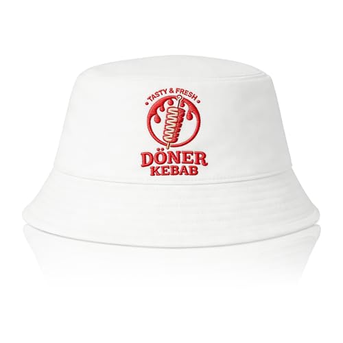 PIujsym Döner Kebab Fischerhut Herren Damen Lustiger Bucket Hat Weiß mit Logo Sonnenhut für Malle Festival Junggesellenabschied Party Accessoire Urlaub Hut Fischerhut Herren döner Motiv
