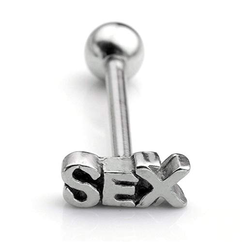 BlackAmazement 316L Edelstahl Piercing Zungenpiercing Barbell Schriftzug Sex Silber Gold Damen Herren (Silber)