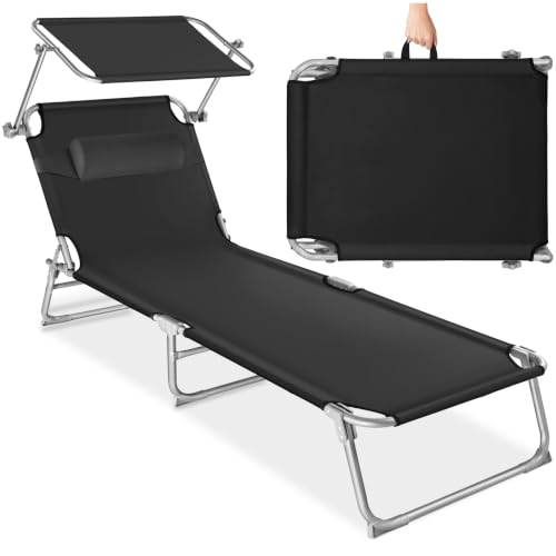 tectake® Sonnenliege mit Dach, Strandliege klappbar, leichte Gartenliege, Outdoor Liegestuhl mit Verstellbarer Rückenlehne, inkl. Kopfkissen - ideal für Balkon, Terrasse, Camping, Strand - schwarz