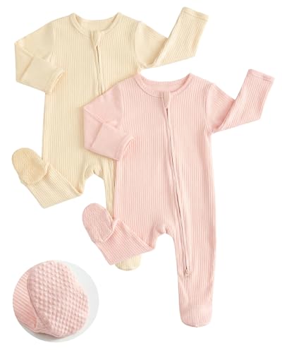 JiAmy Baumwolle Baby Schlafanzug 2er-Pack, Langarm Neugeborene Baby Jungen Mädchen Strampler Babykleidung Bekleidung Rosa-Beige 0-3 Monate