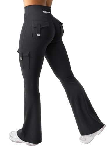 YEOREO CoreFlex Damen Flare Leggings mit 4 Pockets Invisible Scrunch Butt Sport Leggings High Waist Schlaghosen Workout Seamless Push Up Blickdicht Yoga Gym Legging Schwarz M