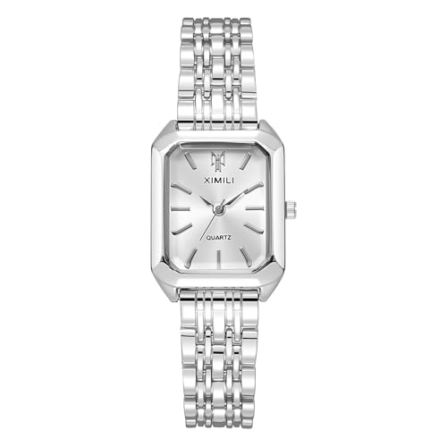 OFFCUP Damenuhr Rechteckige, Damen Analog Quarz Uhr mit Edelstahl Armband, Uhren Damen Klein Einfache Vintage Klassische Armbanduhr Lässig Quarzuhr Kleideruhr, 3 Zeiger - Weiß Silber