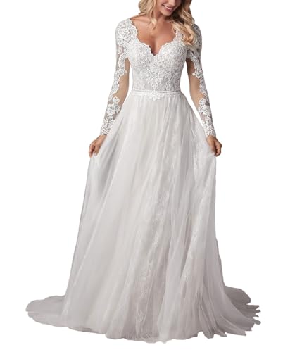 JAEDEN Langarm Boho Brautkleider V-Ausschnitt Hochzeitskleid Spitze Standesamtkleid A-Linie Brautmode Weiß 46
