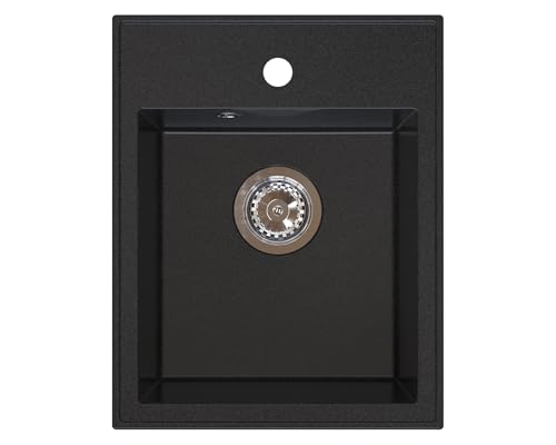 Manestein Spülbecken, Küchenspüle aus Granit, Einbauspüle, Einzelbecken mit Siphon, Fleckenbeständig und Pflegeleicht, 80% Quarzsand, 1 Becken, 40 x 50 cm, Graphit - Schwarz Gesprenkelt