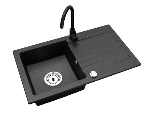 Faizee Granitspüle 75 x 44 cm Schwarz Gesprenkelt – inklusive Armatur Genial in Schwarz – eckige Einbauspüle aus Granit – beidseitig montierbar, kratzfest, hitzebeständig – modernes Spülbecken