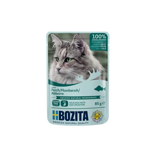 Bozita Pouch Nassfutter Häppchen in Gelee mit Barsch - 12x85g Portionsbeutel getreidefreies & weizenfreies Futter für Katzen - Katzennassfutter für erwachsene Katzen mit 8,5% Protein & 4,5% Fettgehalt