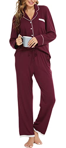 Vlazom Damen Schlafanzug Zweiteiliger Damen Pyjama mit Knopfleiste V-Ausschnitt Pyjama Set für Frauen Umlegekragen Lange Hose mit Gummibund Zweiteiliger Sleepwear(XL,Weinrot)