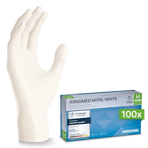 ARNOMED Nitril Einweghandschuhe 100 Stück/Box, M, weiß, latexfreie Einmalhandschuhe, puderfreie Nitrilhandschuhe, in Gr. S, M, L & XL verfügbar