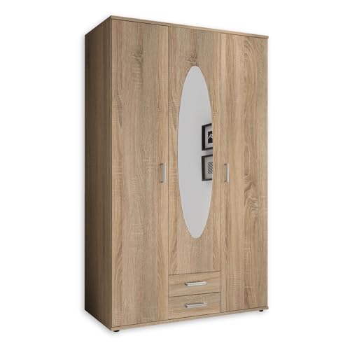 Stella Trading Eleganter Kleiderschrank 3-türig mit viel Stauraum - Vielseitiger Drehtürenschrank in Sonoma Eiche Optik mit Spiegeltür - 120 x 195 x 55 cm (B/H/T)