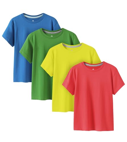 LAPASA Kinder T Shirt 100% Baumwolle 4er Pack Unisex 3-13 Jahre/ 95-165 Jungen Jungs Sport K01 (Rot, Zitronengelb, Grün, Blau, Large)