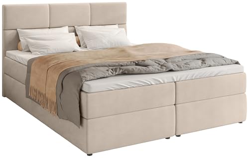 BROMARKT Boxspringbett mit Bettkasten Polsterbett mit Bonell-Matratze und Topper Doppelbett mit Stauraum Bett für Schlafzimmer gepolstertes Kopfteil Boston 140x200 Härtegrad H3 Samtstoff Beige