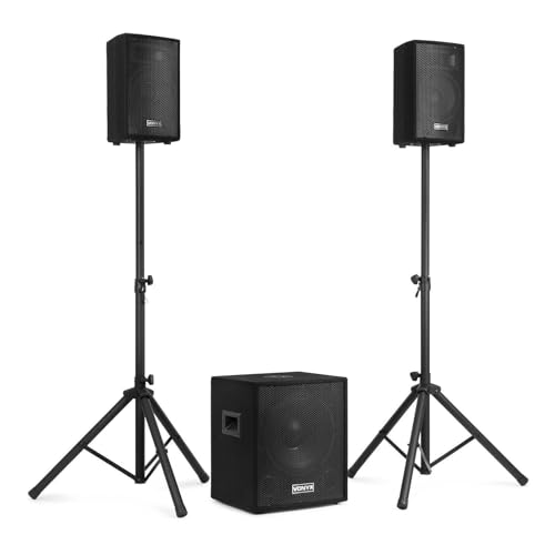 Vonyx VX0812BT - PA Anlage Komplettset, aktiv Subwoofer, 2 St. passiv Hochtöner, inkl. Boxenständer, 800 Watt, Bluetooth, MP3 Player, USB, SD, Mikrofonanschluss, mobiles PA System, DJ Boxen Set