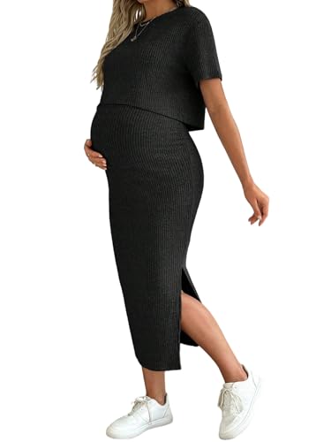 SweatyRocks Zweiteiler Damen Elegant Umstandsmode Strick Set Winter Rock Und Oberteil Im Set 2 Teiler Herbstmode 2025 Umstandskleid Schwarz M