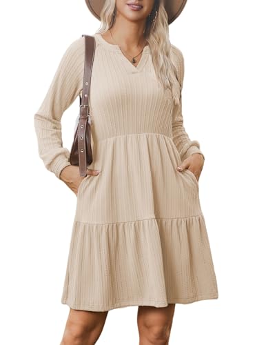 Zeagoo Strickkleid Langarm Kleider Damen Herbst Winter V-Ausschnitt Pulloverkleid A Linie Elegant Herbstkleid Geripptes Kleid Mit Taschen Beige XXL