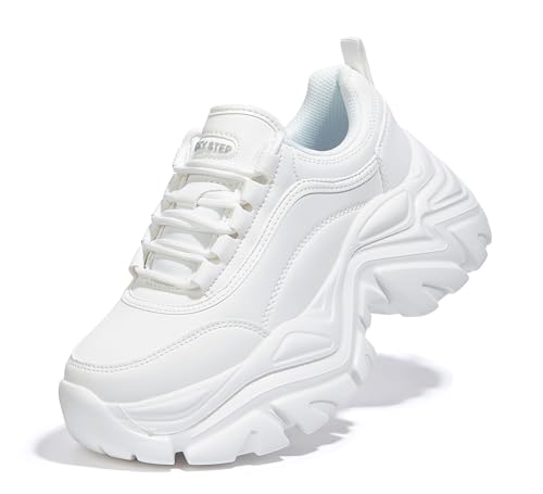 LUCKY STEP Chunky Turnschuhe für Damen, modische Plateau-Lässige Schuhe, Bequeme Keilabsatz Sneaker (Weiß, 10US-41EU-8UK)
